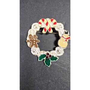 KC Christmas Wreath Brooch Pin Enamel Gold Tone Gingerbread Snowman Holly Xmas